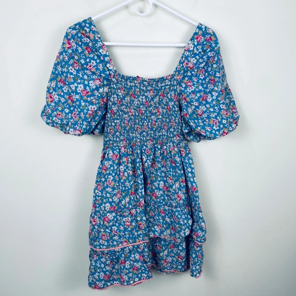 Betsey Johnson Blue Floral Smocked Mini Dress Puff Sleeve Pink Trim  M - Picture 3 of 8